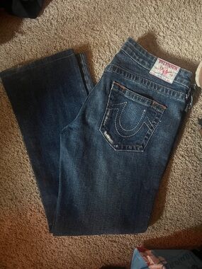 True Religion Dark Blue Women's Denim Jeans with Signature Pocket Stitching